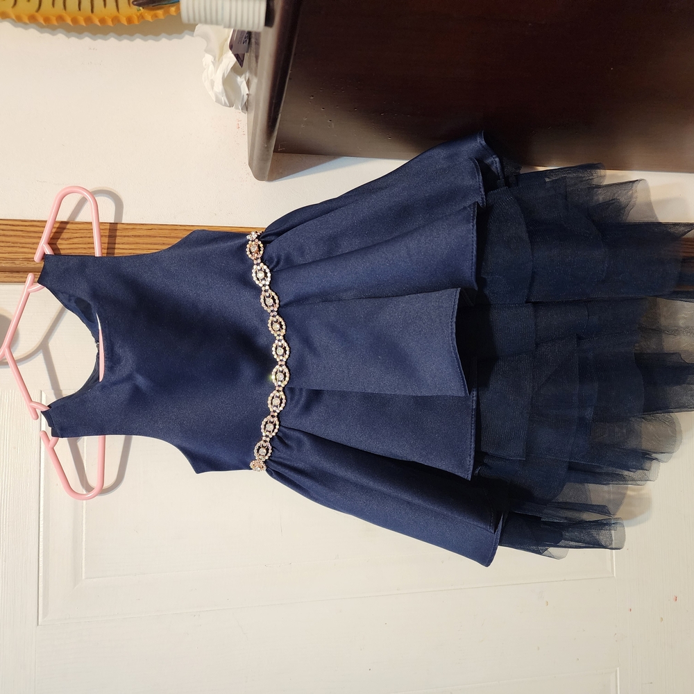 Elegant Navy Blue Dress with Floral Belt